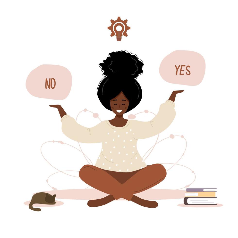 African woman thinking to choose yes or no. Smart girl solving problems. vector