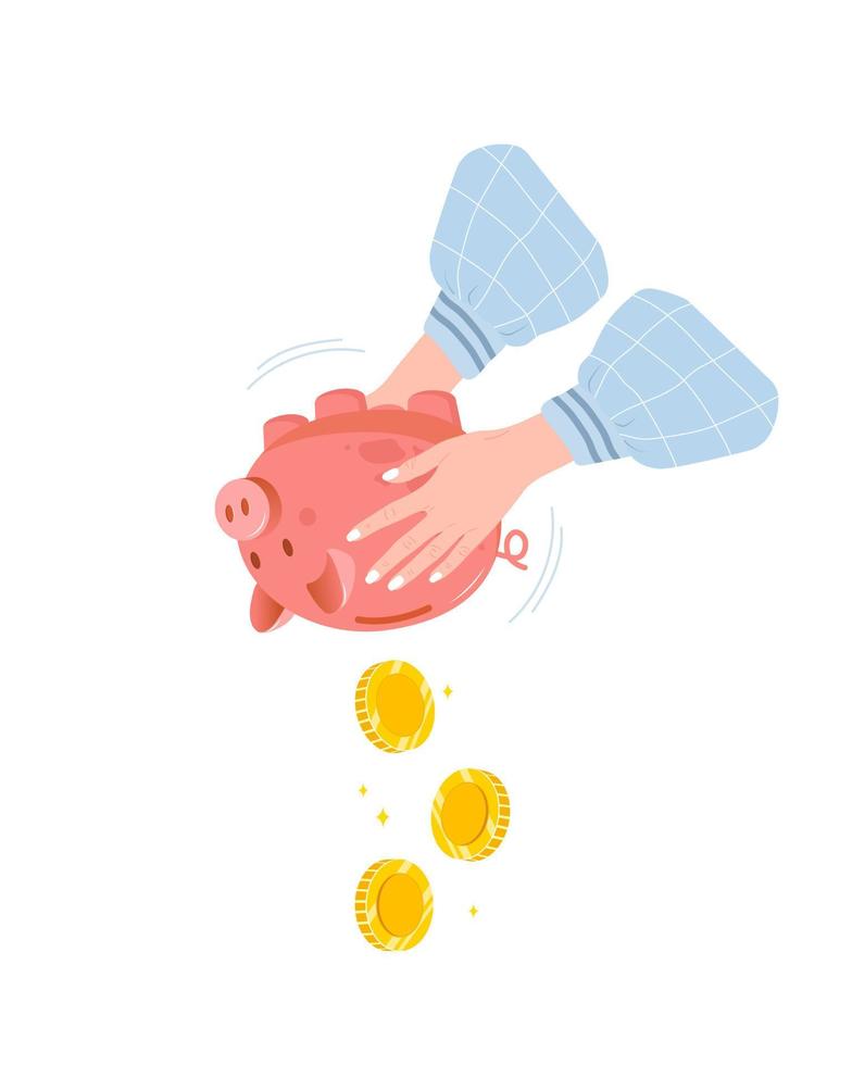 Piggy bank with falling gold coins. Female hands shaking coin box. Spending money concept. Financial symbol. Banking or business services. Vector illustration in flat cartoon style