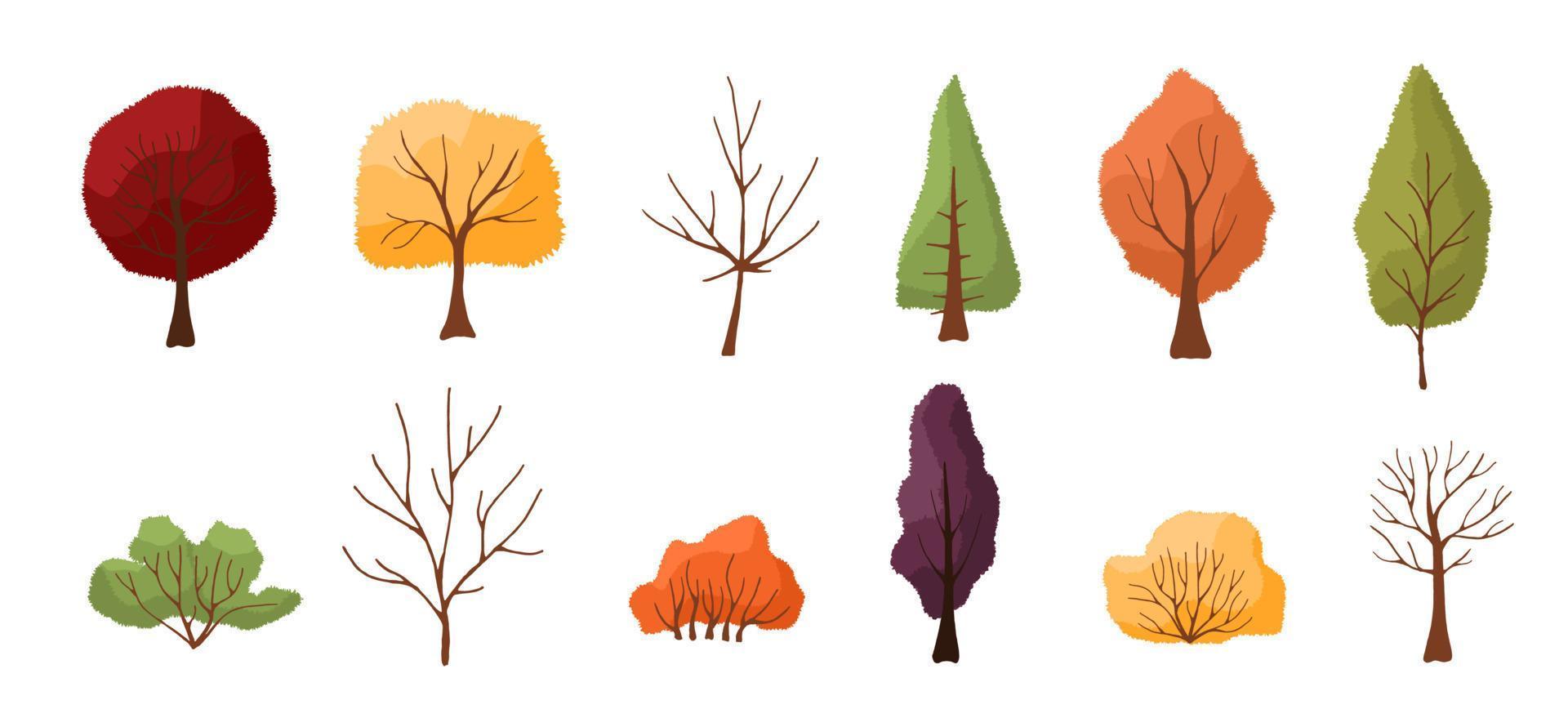 Set of colorful autumn trees and bushes. Isolated on white background. Simple design. Vector illustration in flat style.
