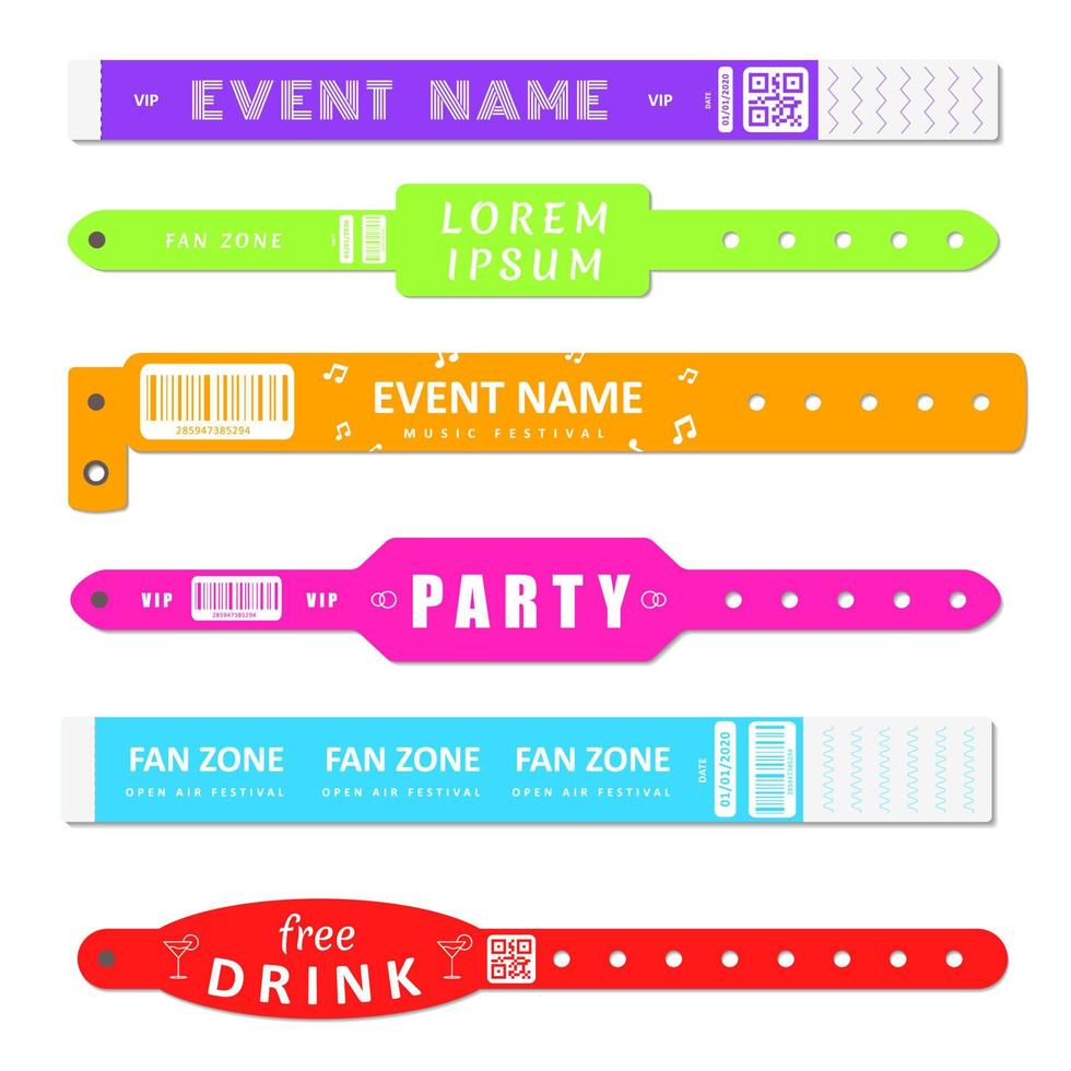 Entrance bracelet at concert zone, performing party, dancing club, music festivals, private areas, hospitals and health centers. Design template of access to event for party. Vector illustration.