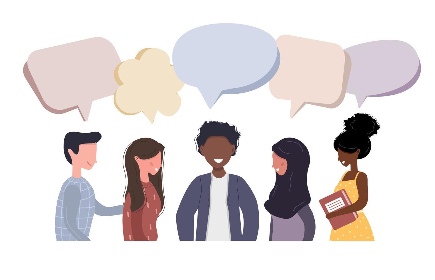 People talk to each other. Businessmen discuss social network. Friends chat with dialog speech bubbles. Modern vector illustration in flat style.