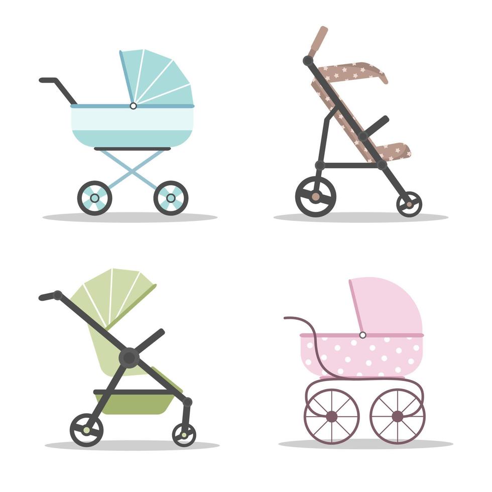 Baby carriages icon set. Colorful prams on white background. Vector illustrations in flat style.