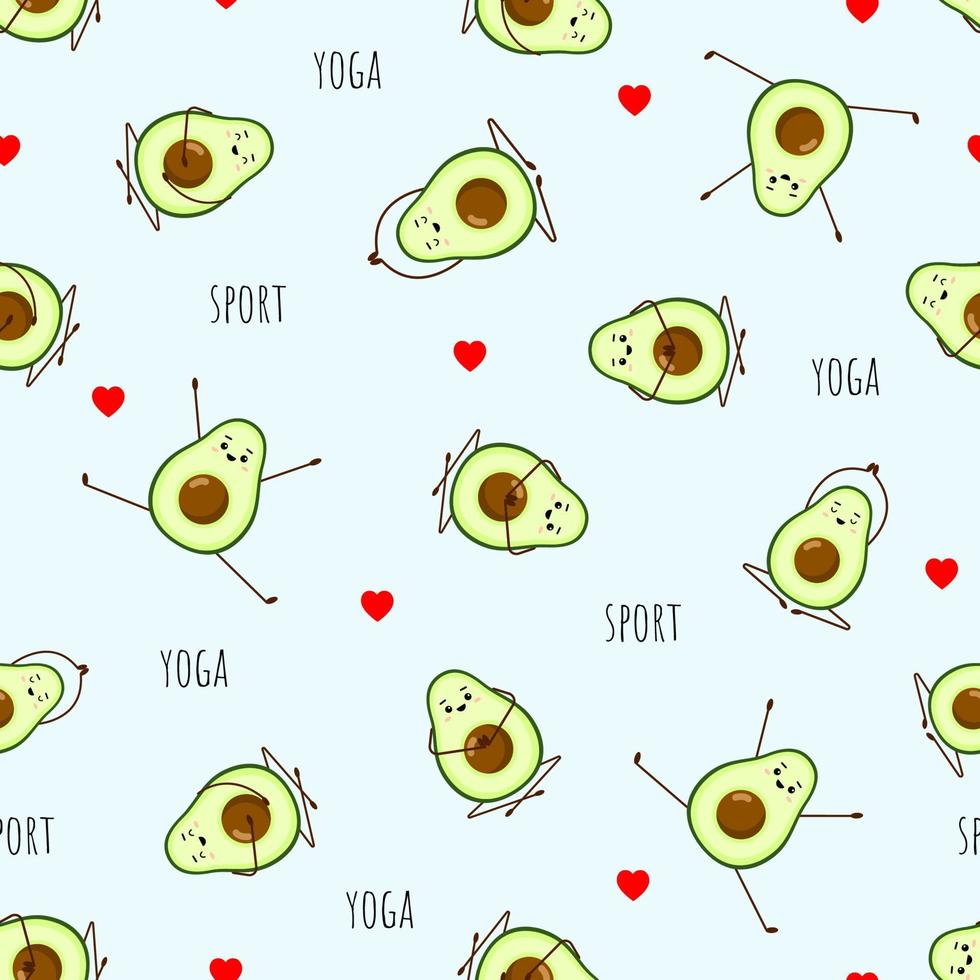 Seamless pattern of Avocado yoga. Avocado character design on white background. Yoga for pregnant women. Cute illustration for greeting cards, stickers, fabric, websites and prints. vector