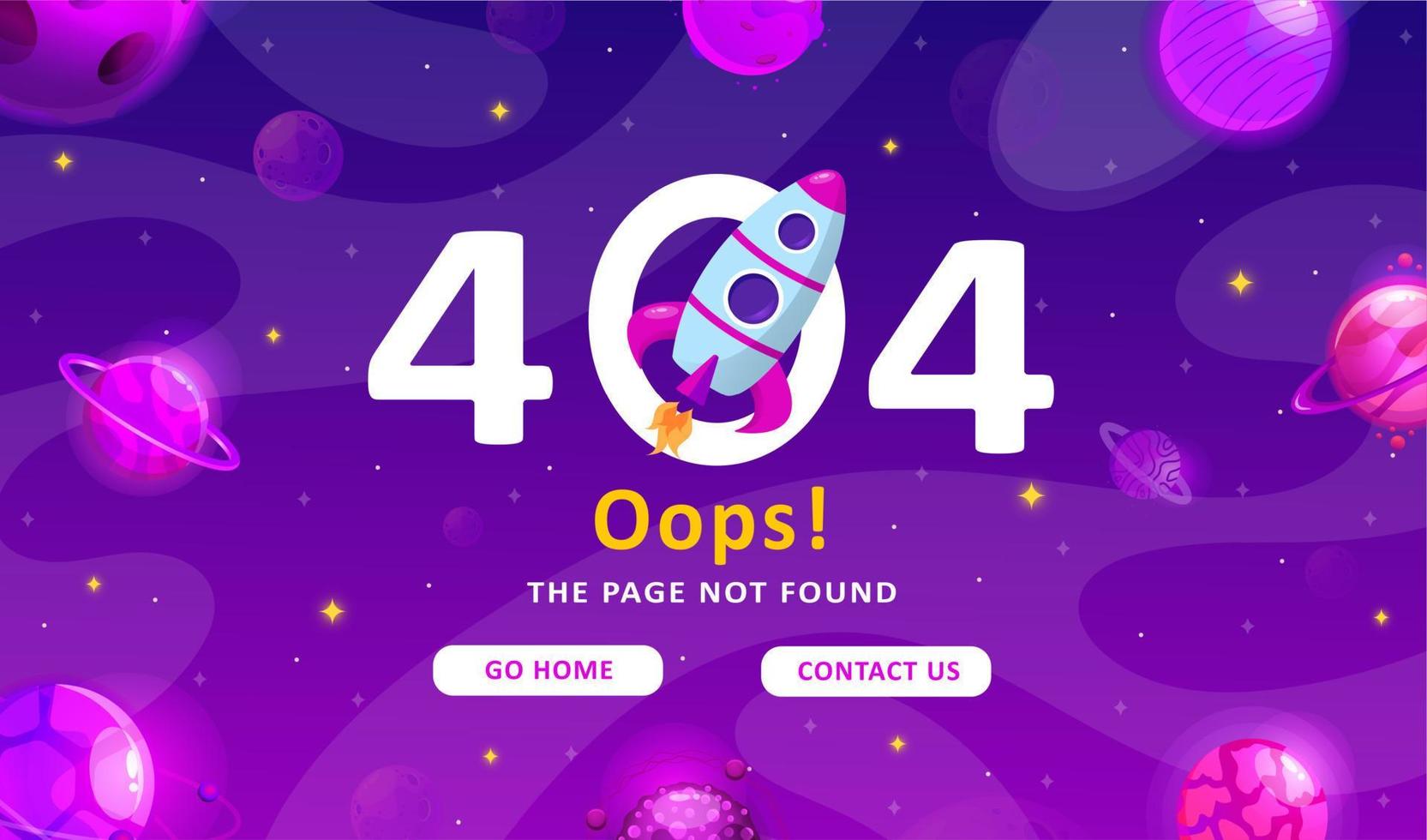 Error 404 - Página no encontrada. Fondo moderno de exploración espacial. bonita plantilla de degradado con planetas y estrellas para afiches, pancartas o páginas web. vector