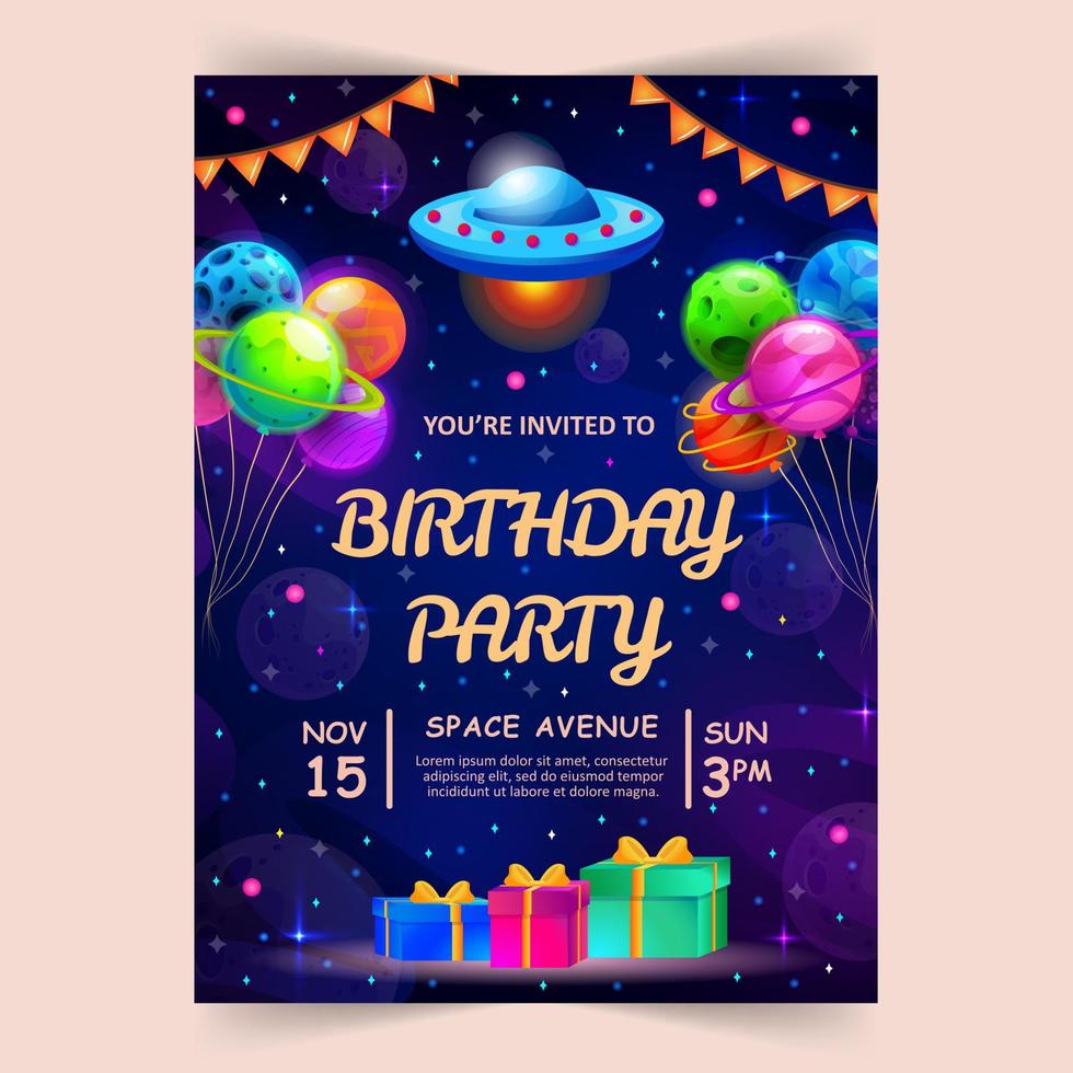 tarjeta de invitación de fiesta de cumpleaños para niños con lindos planetas y ovni. espacio, universo y fondo del cielo. ilustración vectorial vector