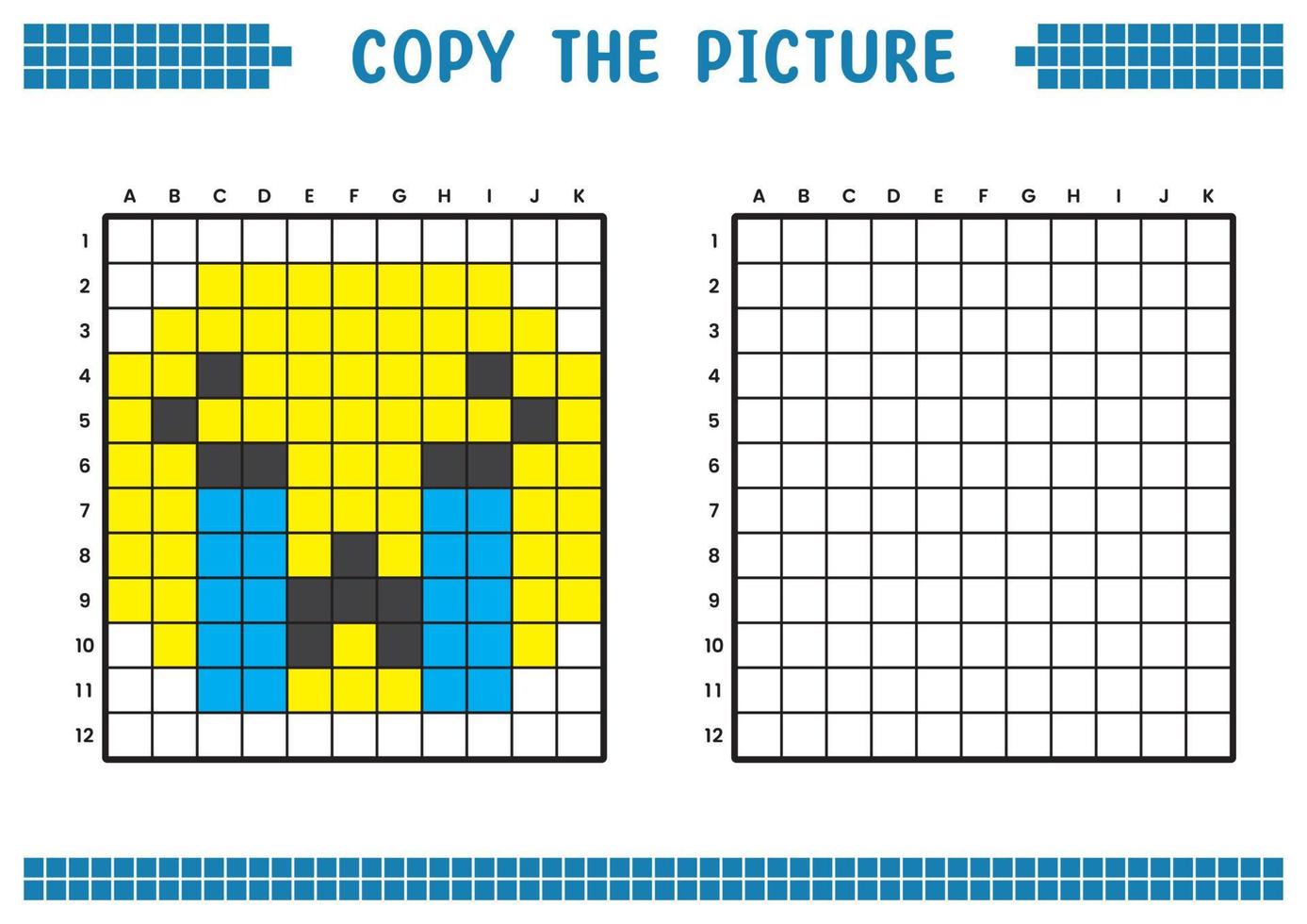 copia la imagen, completa la imagen de la cuadrícula. hojas de trabajo educativas dibujando con cuadrados, áreas para colorear. actividades preescolares para niños. vector de dibujos animados, arte de píxeles. ilustración de cara de llanto triste.