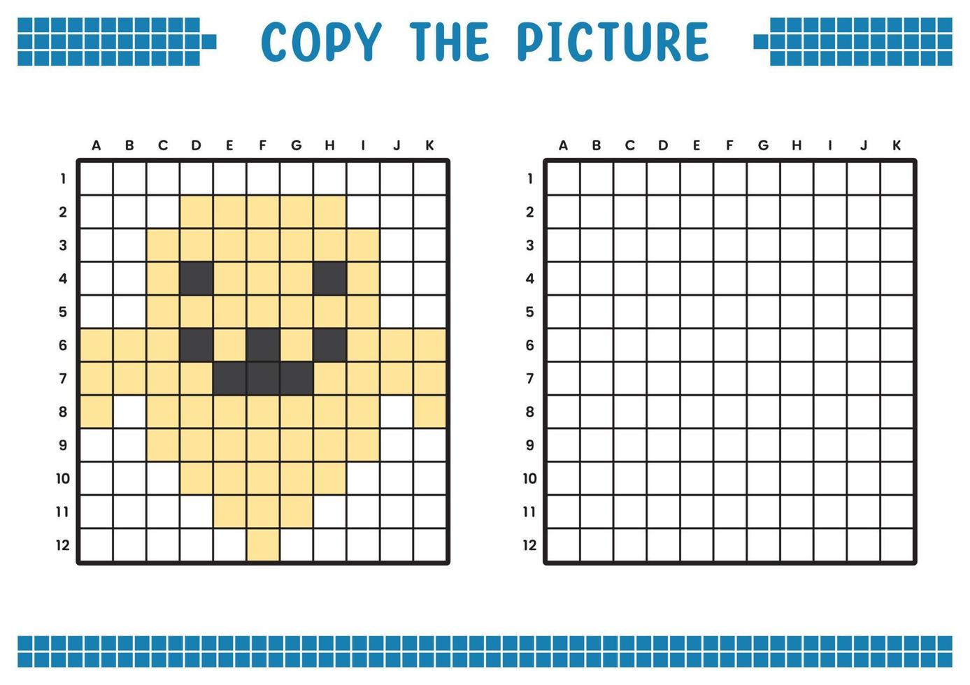 Copy the picture, complete the grid image. Educational worksheets drawing with squares, coloring cell areas. Children's preschool activities. Cartoon vector, pixel art. Illustration of a ghost symbol. vector