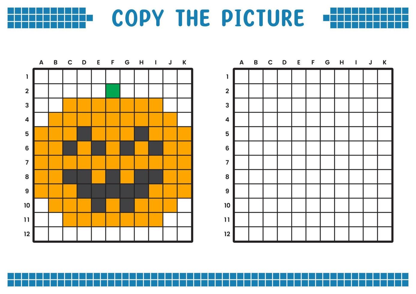 copia la imagen, completa la imagen de la cuadrícula. hojas de trabajo educativas dibujando con cuadrados, coloreando áreas de celdas. actividades preescolares para niños. vector de dibujos animados, arte de píxeles. ilustración de calabaza de halloween.