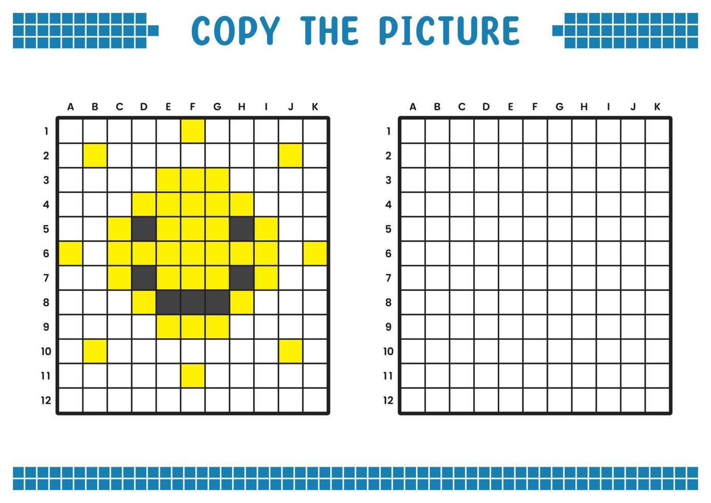 Copy the picture, complete the grid image. Educational worksheets drawing with squares, coloring cell areas. Children's preschool activities. Cartoon vector, pixel art. Sun smiling face illustration. vector