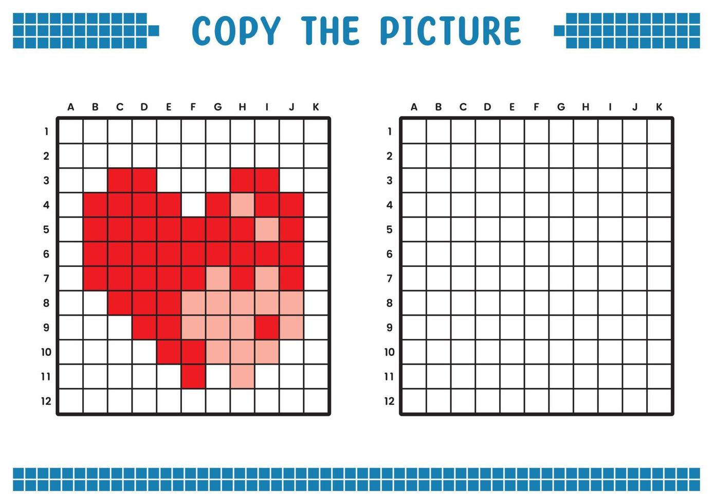 copia la imagen, completa la imagen de la cuadrícula. hojas de trabajo educativas dibujando y coloreando con cuadrados. actividades preescolares para niños. vector de dibujos animados, arte de píxeles. ilustración de un corazón o símbolo de amor.