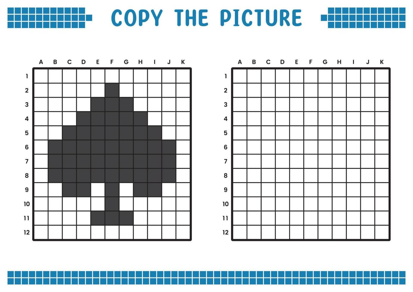 Copy the picture, complete the grid image. Educational worksheets drawing with squares, coloring areas. Children's preschool activities. Cartoon vector, pixel art. Black spade illustration symbol. vector