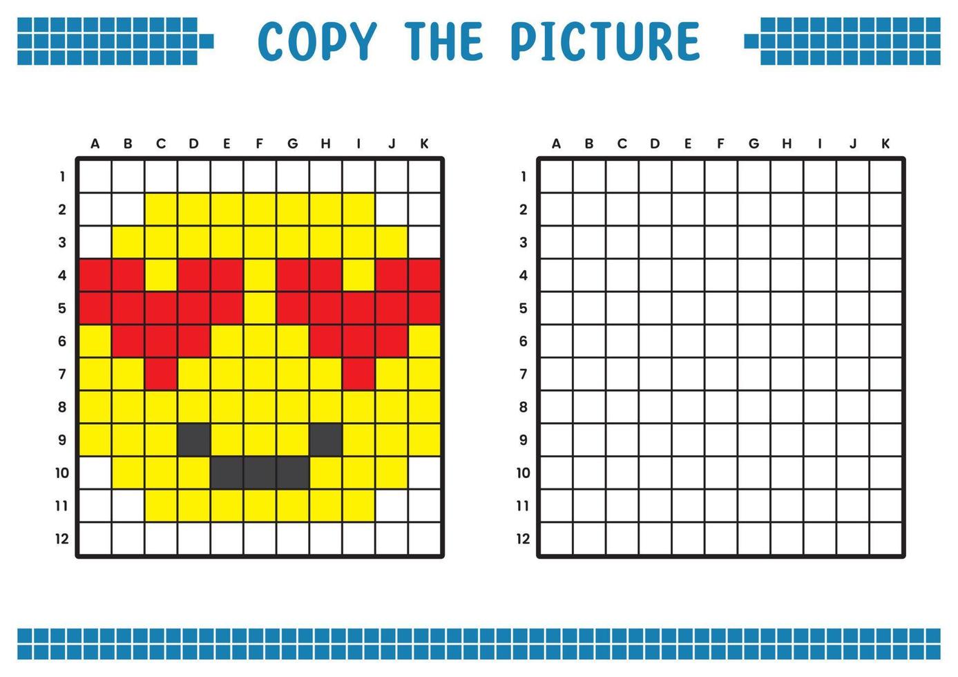 copia la imagen, completa la imagen de la cuadrícula. hojas de trabajo educativas dibujando con cuadrados, coloreando áreas de celdas. actividades preescolares para niños. vector de dibujos animados, arte de píxeles. ilustración de una cara enamorada.