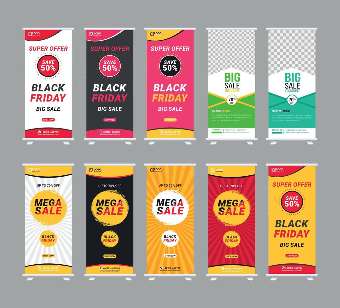 Black Friday sale roll up banner offer promotion template. Black Friday banner. Vector illustration. Cover Template