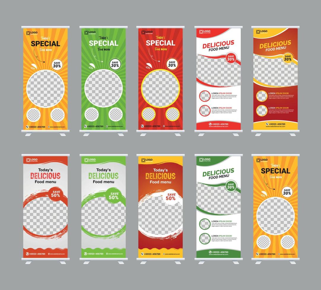 diseño de pancartas acumuladas de alimentos para restaurante. plantilla de banner enrollable de comida creativa vector