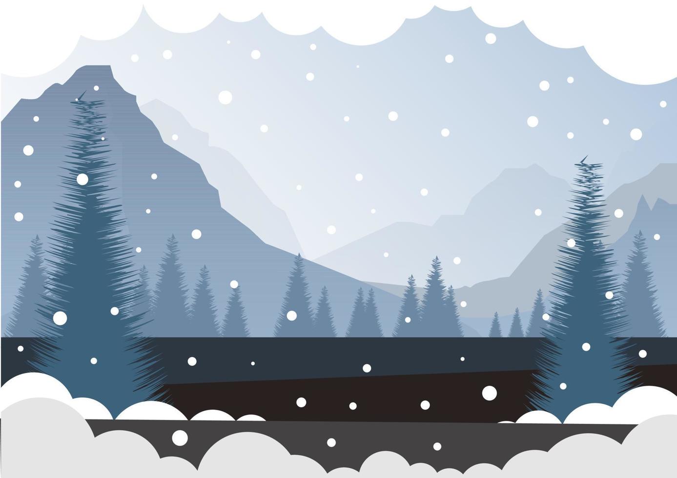 paisaje navideño de invierno con nieve cayendo en montañas azules y bosques vector