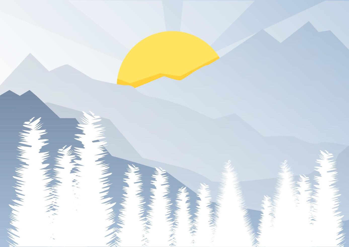 Winter landscape mountains fir trees and sun vector