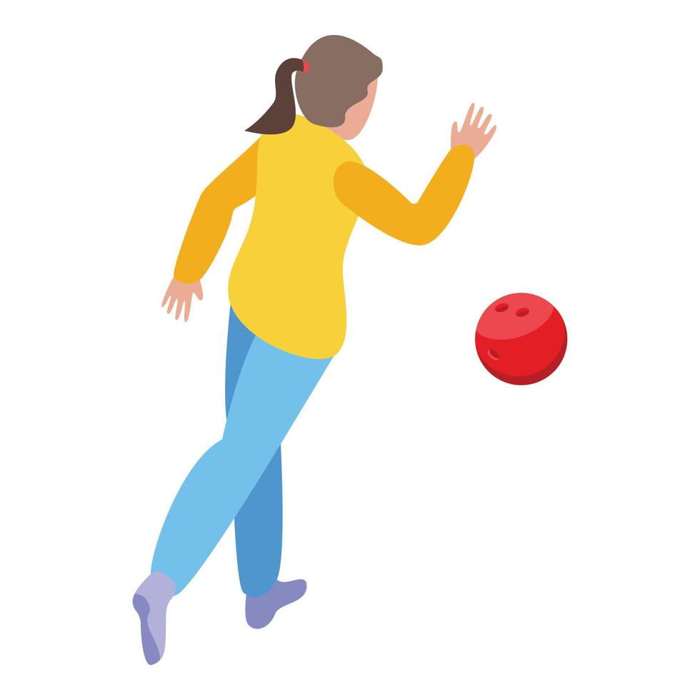 Girl throwing bowling ball icon, isometric style vector