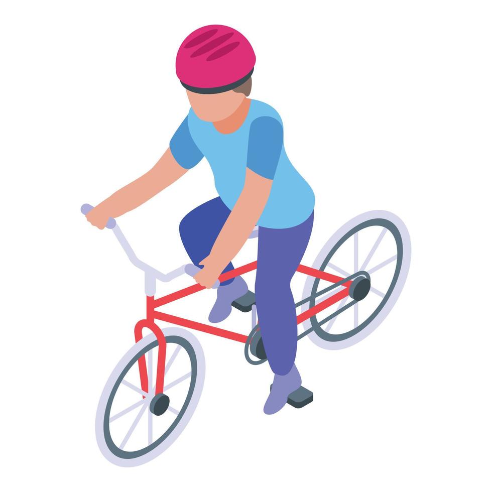 Funny kid cycling icon, isometric style vector