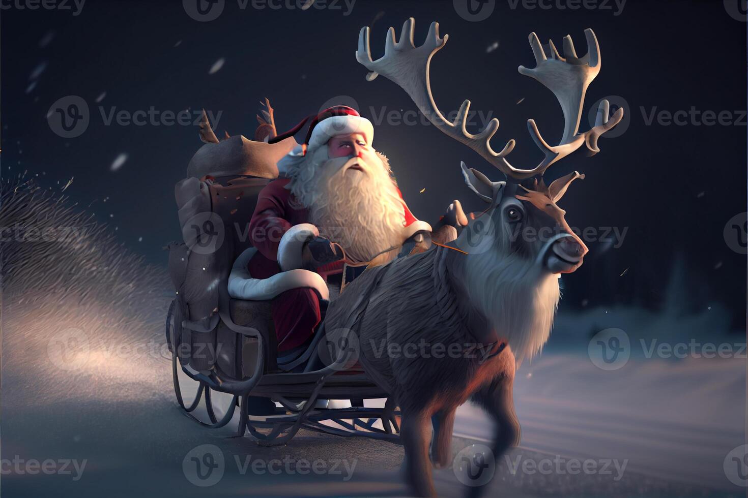 Santa Claus riding a deer in a sleigh, cartoon 3D Merry Christmas photo