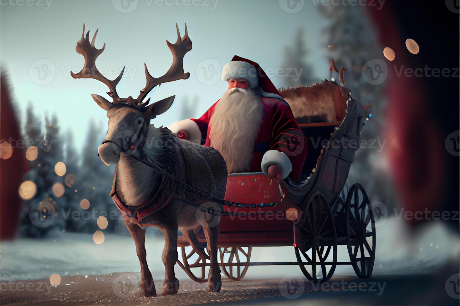 santa claus montando un ciervo en un trineo, caricatura 3d feliz navidad foto