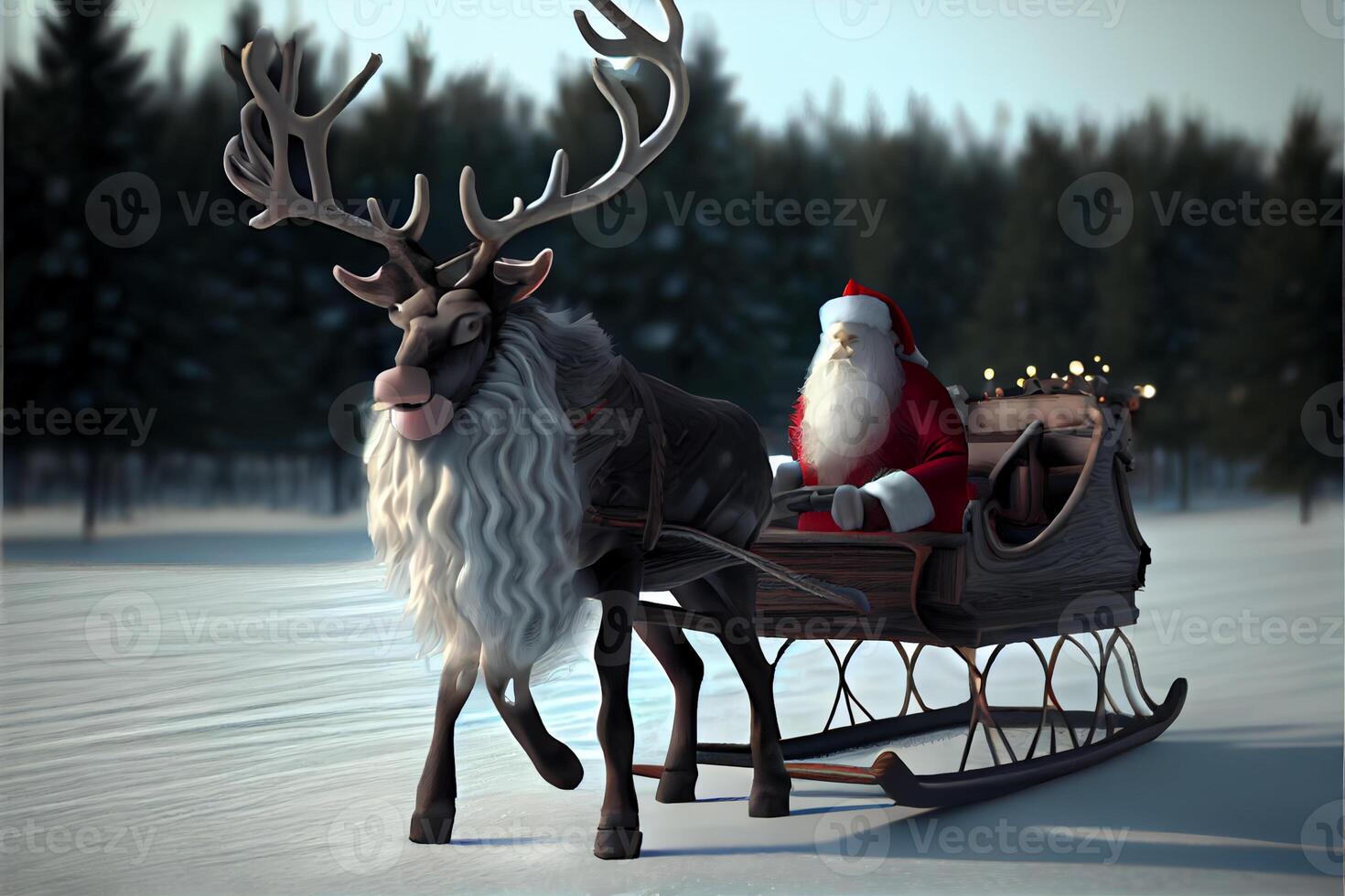 santa claus montando un ciervo en un trineo, caricatura 3d feliz navidad foto