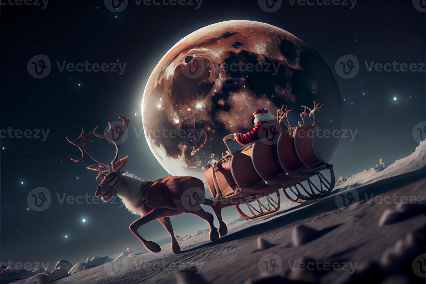 Santa Claus riding a deer in a sleigh, cartoon 3D Merry Christmas photo