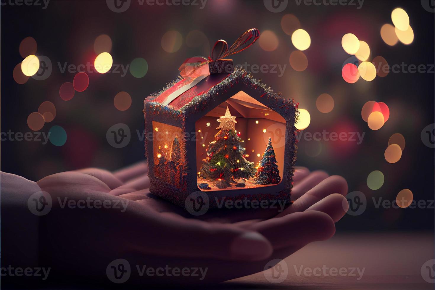 hand holding a gift There is a Christmas tree decorated in the background with lights photo