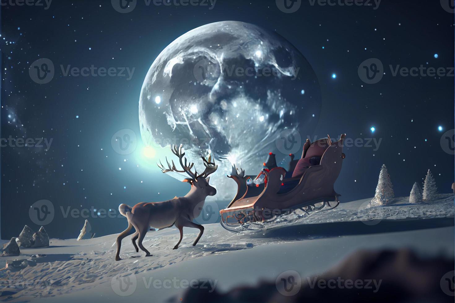 Santa Claus riding a deer in a sleigh, cartoon 3D Merry Christmas photo