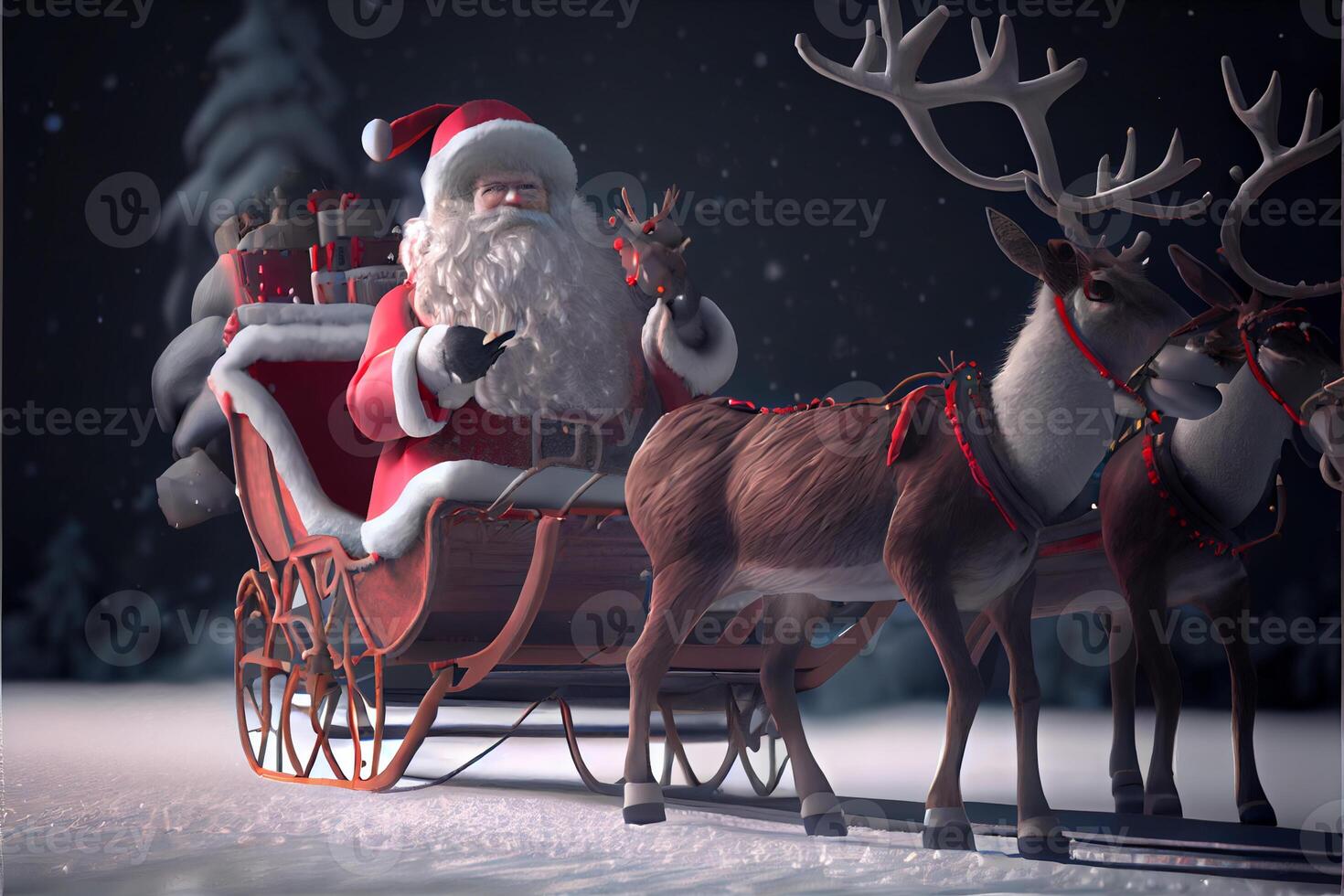 Santa Claus riding a deer in a sleigh, cartoon 3D Merry Christmas photo