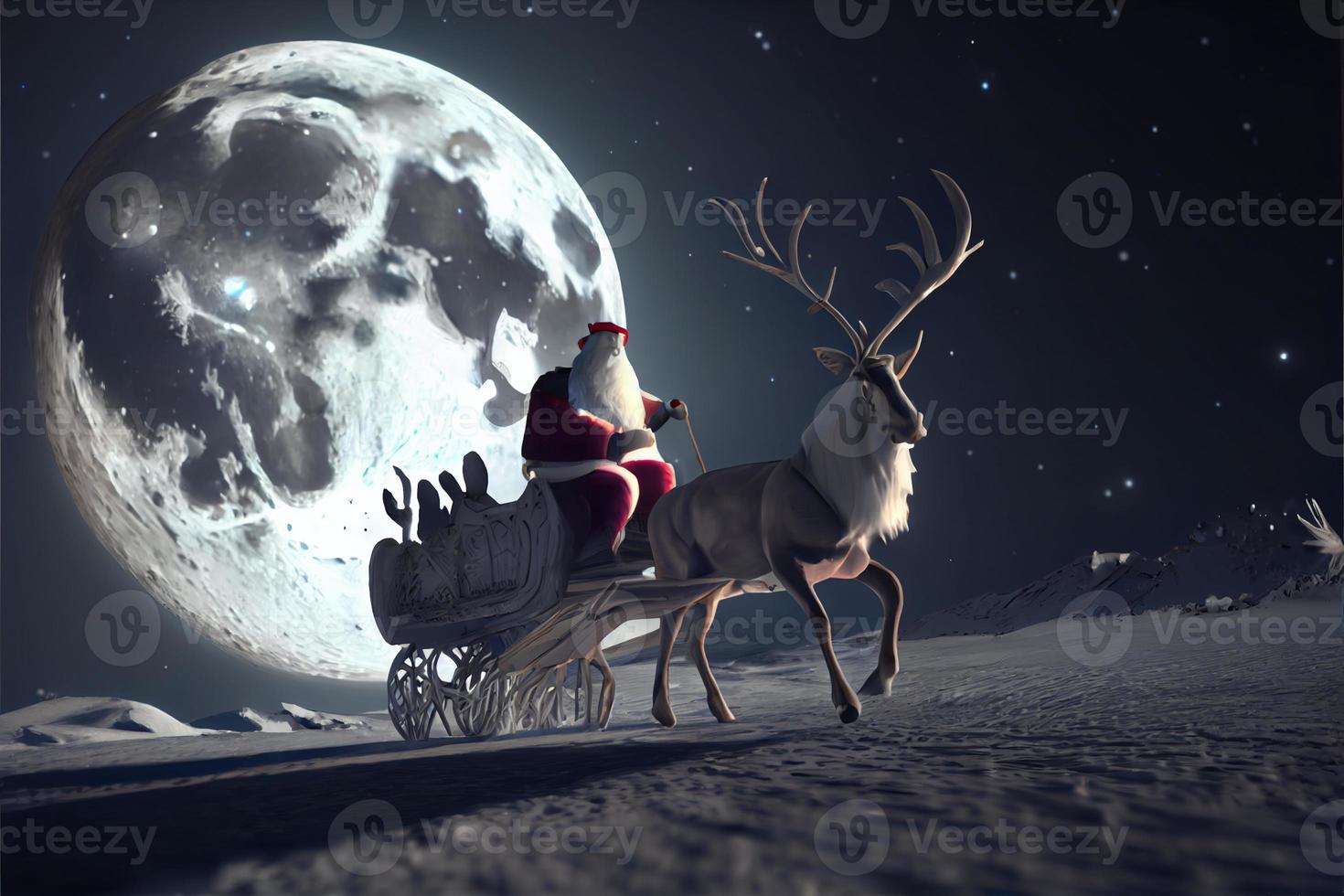 Santa Claus riding a deer in a sleigh, cartoon 3D Merry Christmas photo