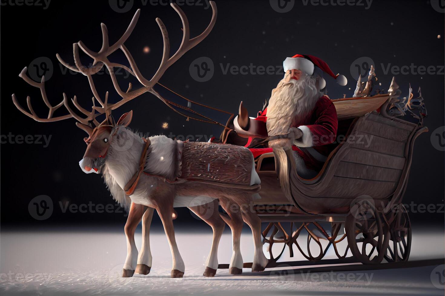 Santa Claus riding a deer in a sleigh, cartoon 3D Merry Christmas photo