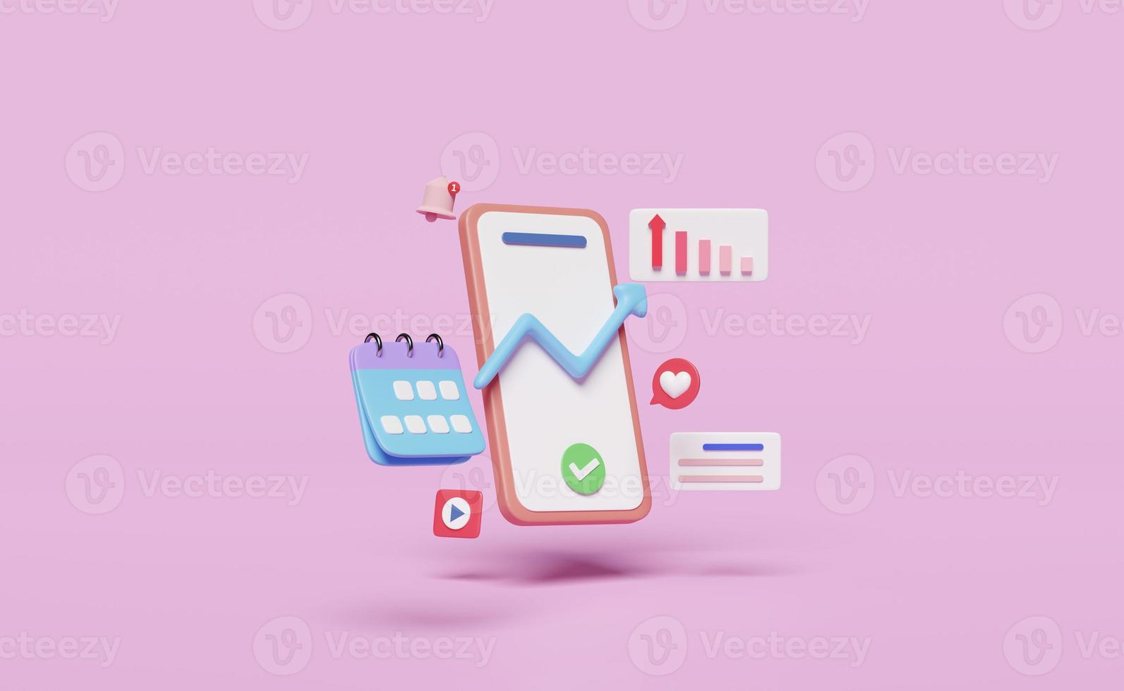 3d social media with mobile phone, smartphone icons, arrow graph calendar, notification bell isolated on pink background. online social, communication applications concept, 3d render illustration photo