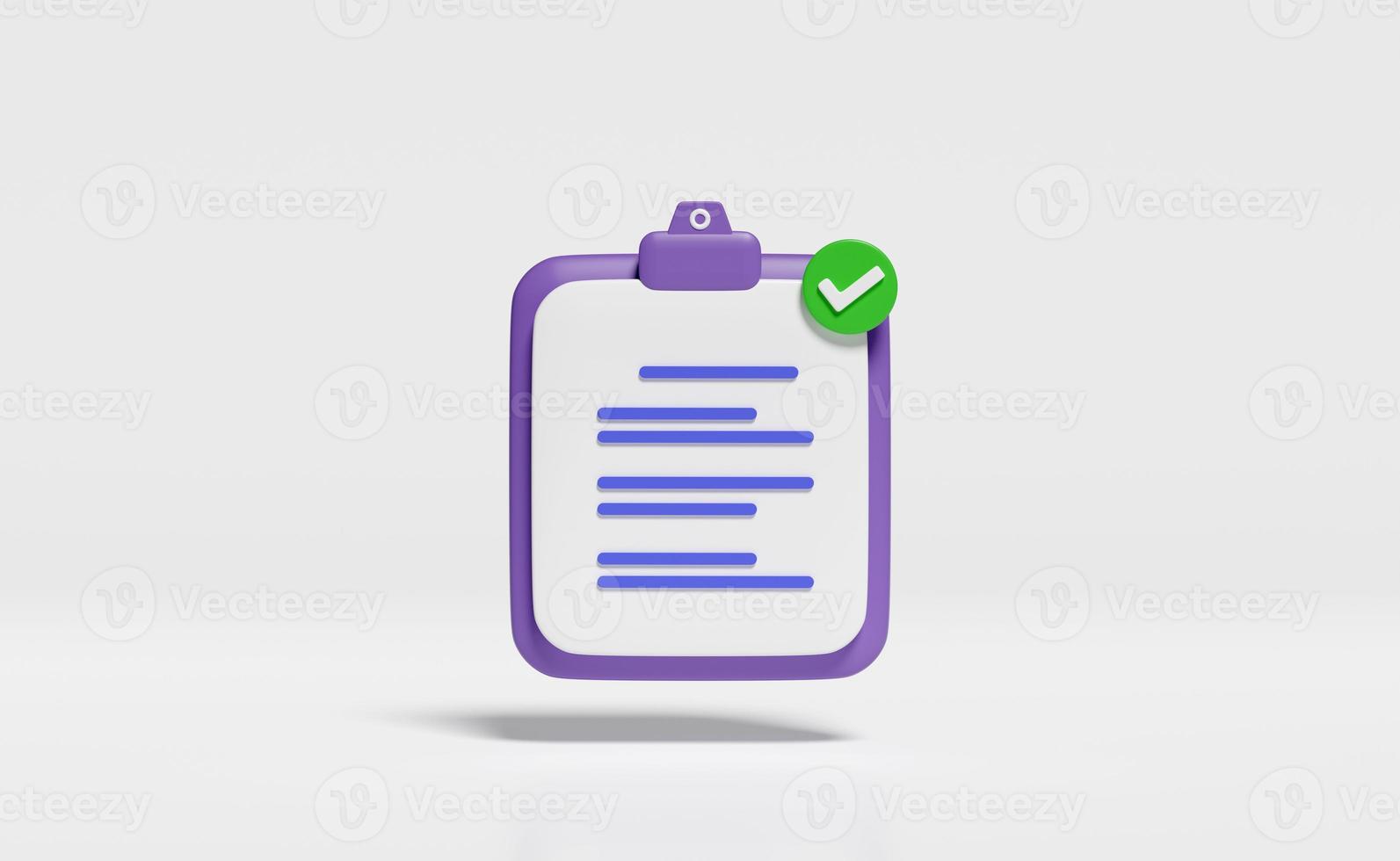 3d purple clipboard white checklist paper icon with check isolated on white background. project plan, business strategy concept, 3d render illustration photo