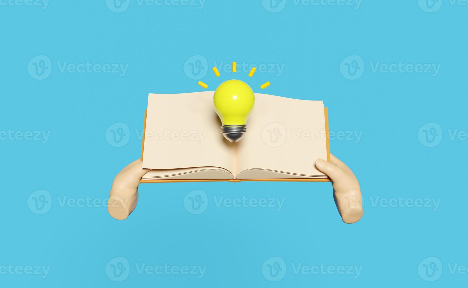 3D Hand holds open book with yellow light bulb isolated on blue background. idea tip education, knowledge creates ideas concept, minimal abstract, 3d render illustration photo