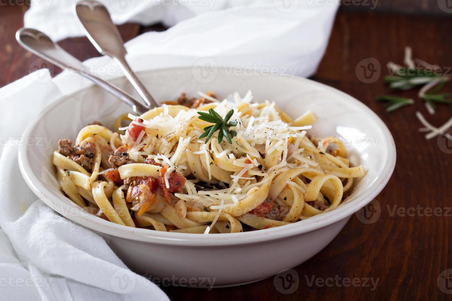 Pasta with meat tomato sauce photo