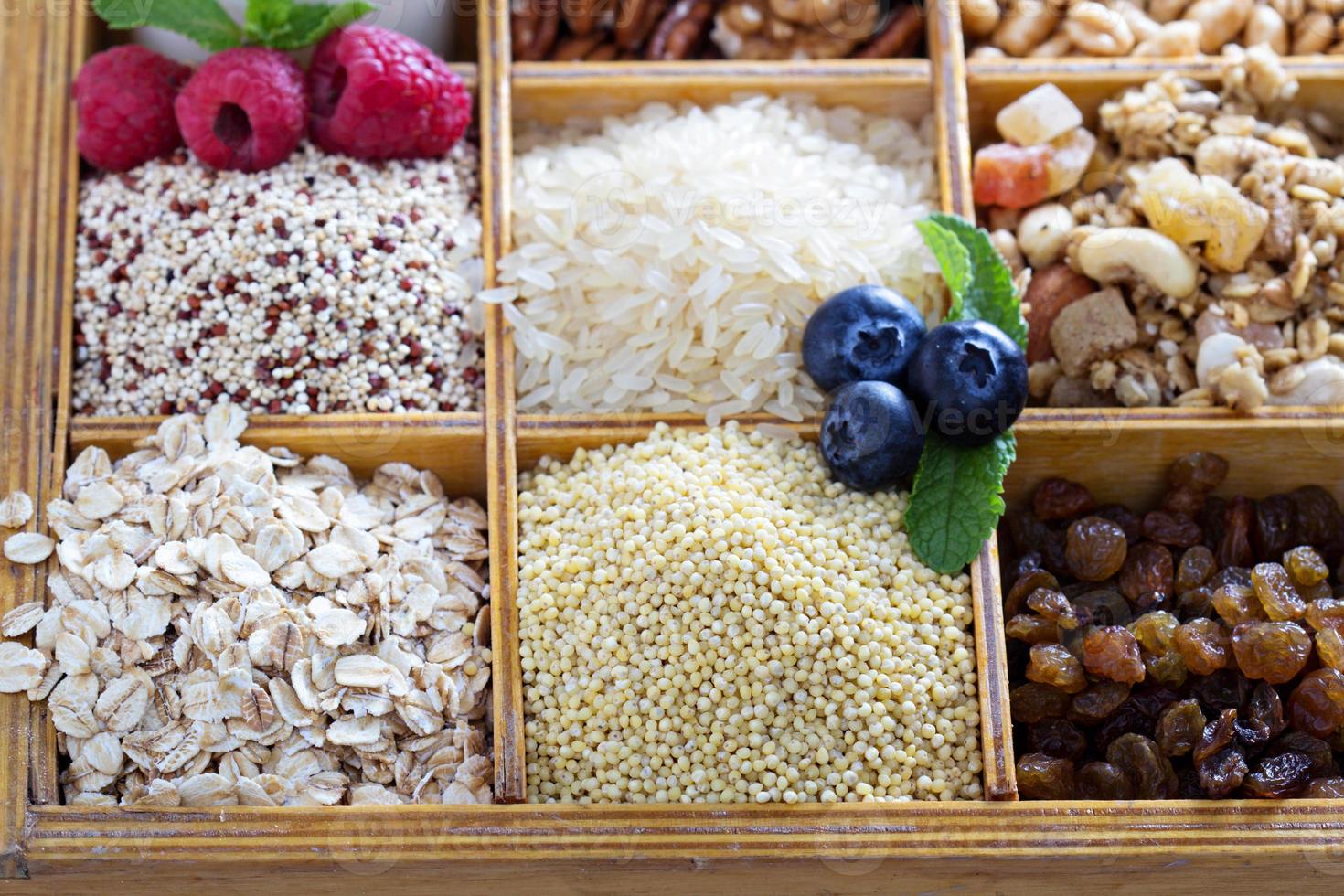 Breakfast items in wooden box photo