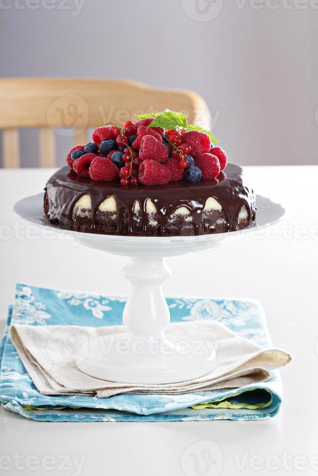 Cheesecake with berries on a brownie layer photo