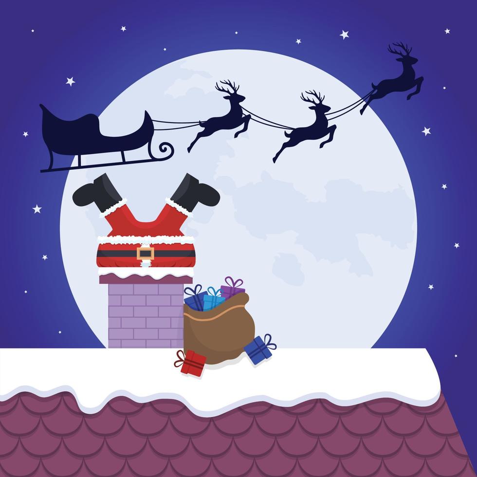 Santa Claus stuck in the chimney. Christmas card. Vector design.