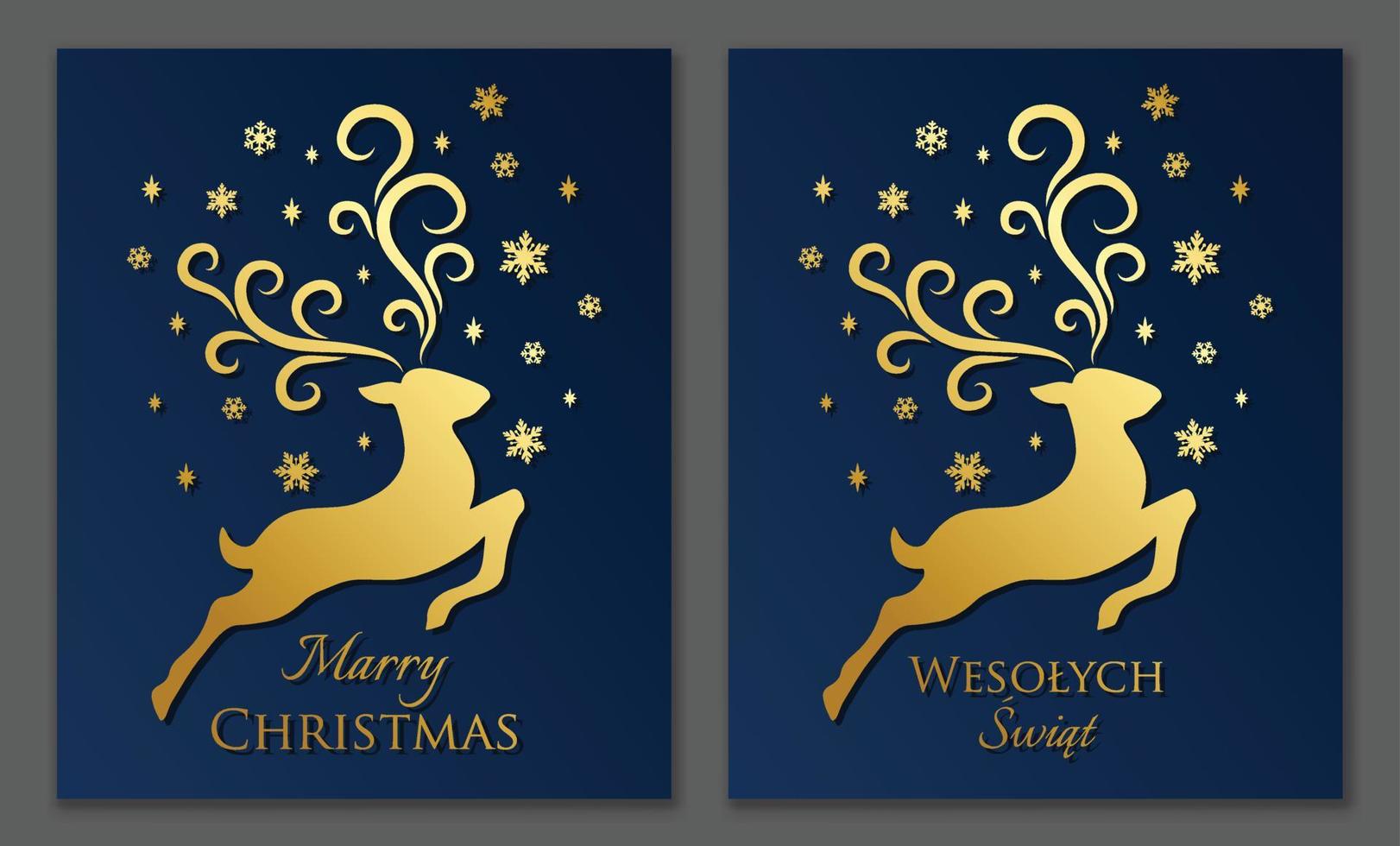 Christmas card. Reindeer. English and polish version. Vector design.