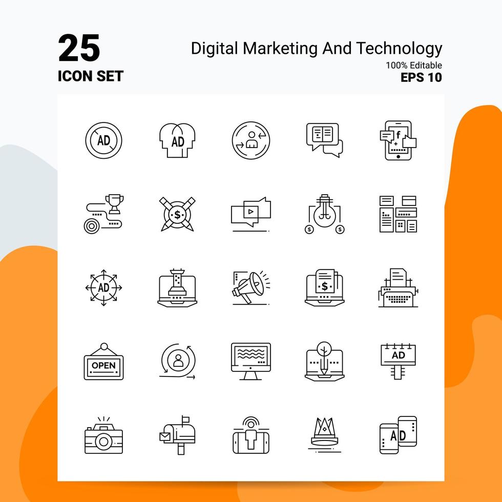 25 conjunto de iconos de tecnología y marketing digital 100 archivos eps 10 editables concepto de logotipo de empresa ideas diseño de icono de línea vector