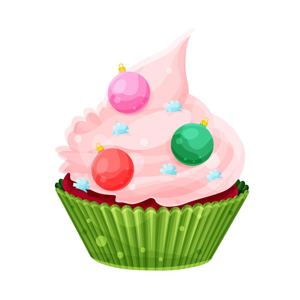 cupcake brillante de año nuevo, bolas de navidad y copos de nieve, cupcake festivo vector