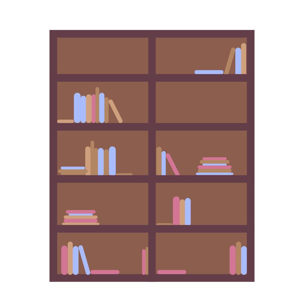 wooden old cabinet with books on the shelves, stacks of books, books on the shelves vector