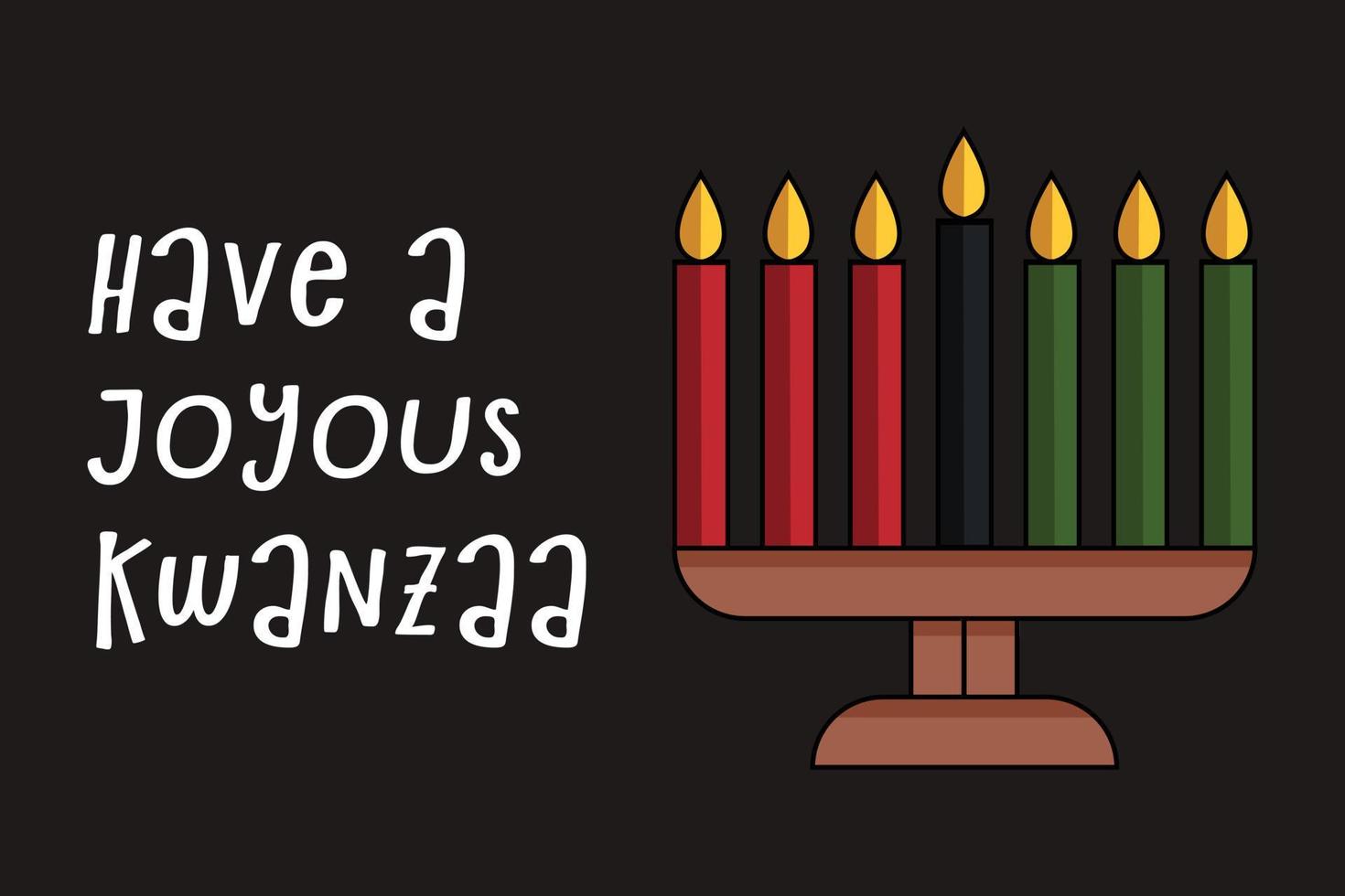 Cute Kwanzaa greeting card with Kinara seven candles icon and text. African American heritage holiday. Vector illustration. Joyous Kwanza.