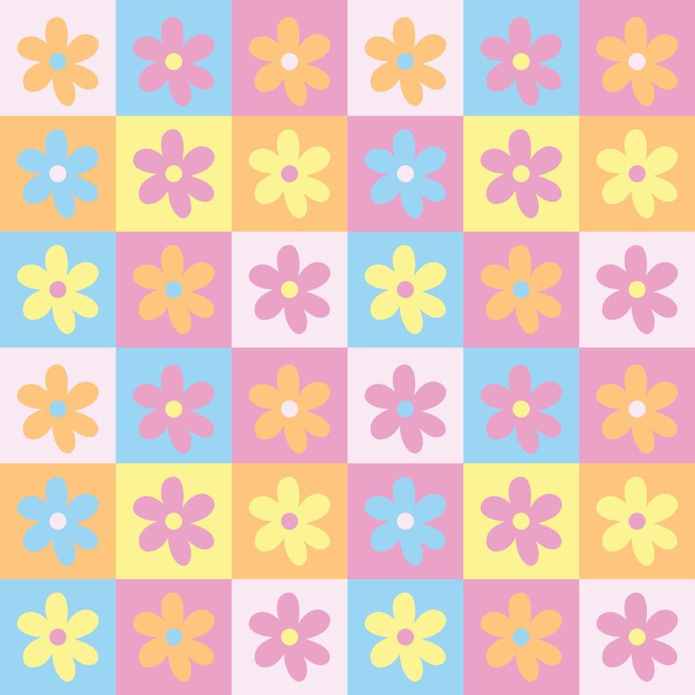 lindo y2k primavera brillante patchwork minimalista floral sin costuras estampado de fondo. telón de fondo de tablero de ajedrez de color pastel. papel tapiz de diseño vectorial moderno, moderno y brillante vector