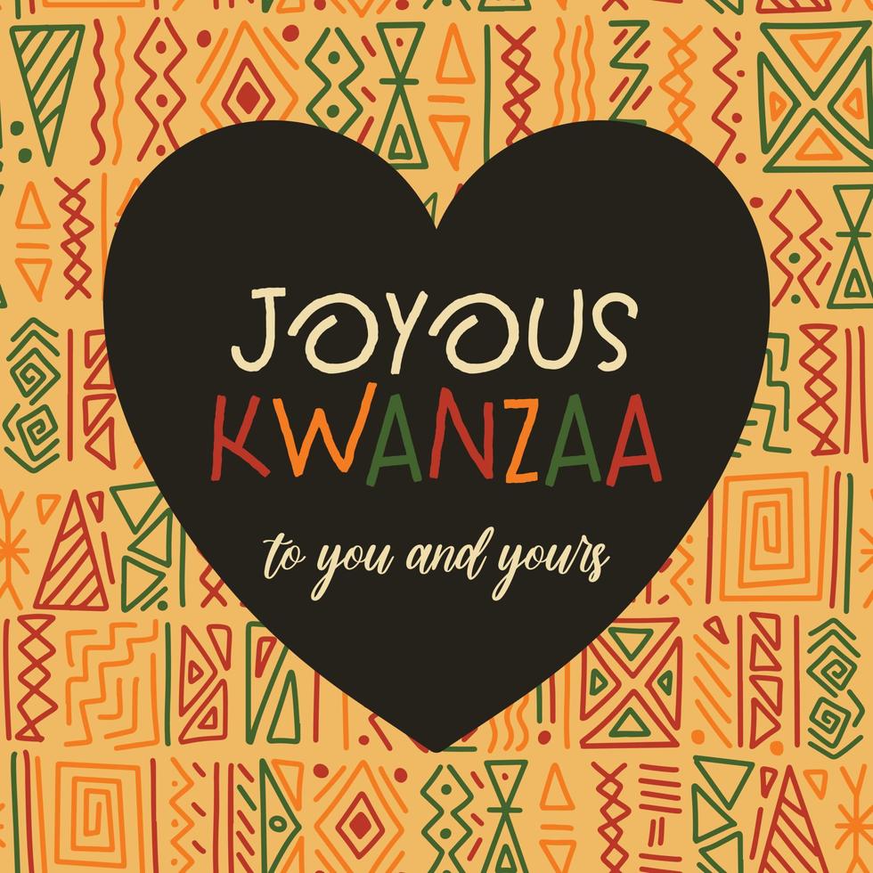 Joyous Kwanzaa Greeting card in heart frame on African ethnic tribal clash ornament seamless pattern background. Cute square Kwanza vector template design