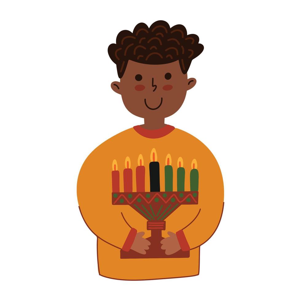 Simple hand drawn doodle flat portrait of African American boy holding kinara, seven candles. Celebrating Kwanzaa. African Heritage Festival. Character for Kwanza vector