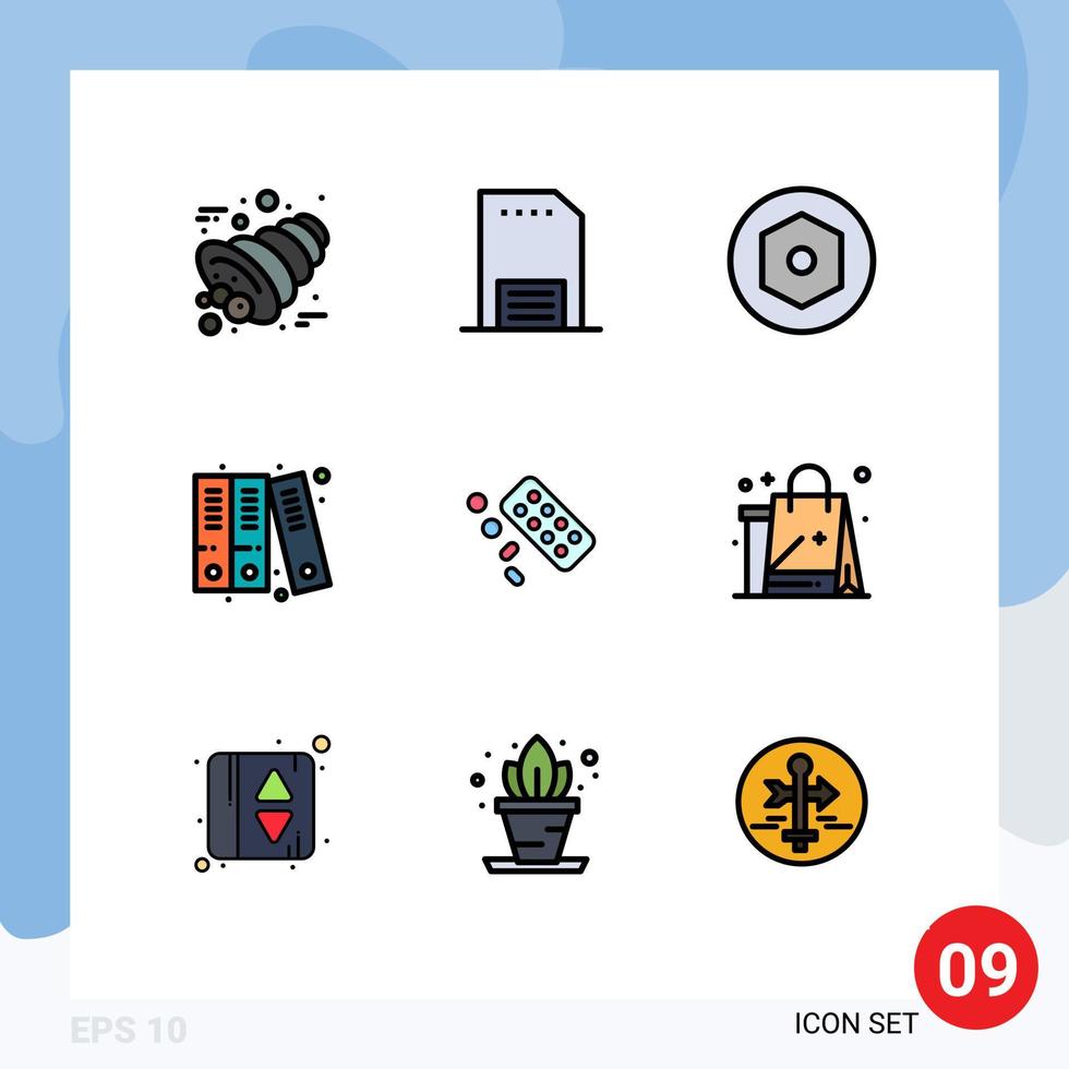 Stock Vector Icon Pack of 9 Line Signs and Symbols for tablet medicine paper history archive Editable Vector Design Elements