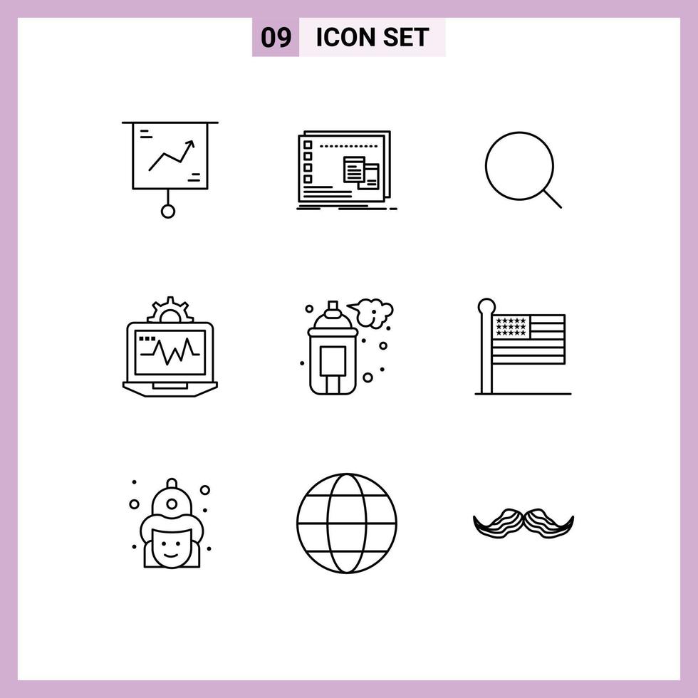 Universal Icon Symbols Group of 9 Modern Outlines of computing computer os laptop tool Editable Vector Design Elements
