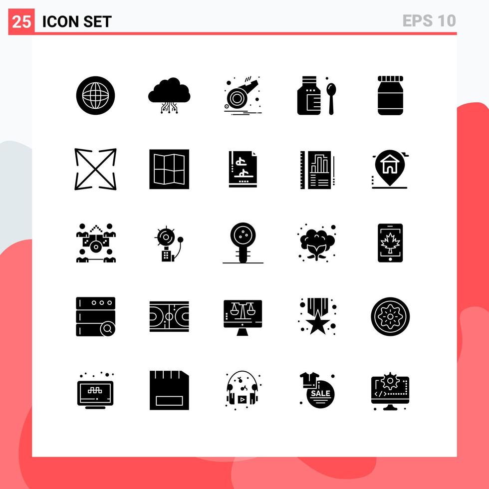 Pack of 25 Modern Solid Glyphs Signs and Symbols for Web Print Media such as bottle hospital hosting healthcare sports Editable Vector Design Elements
