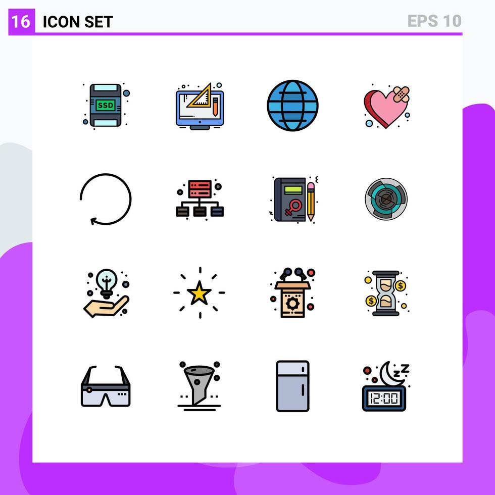 16 Universal Flat Color Filled Line Signs Symbols of clockwise heart globe broken bandage Editable Creative Vector Design Elements